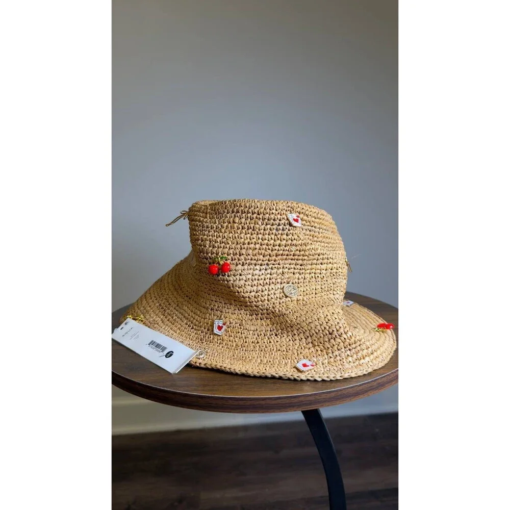 Aqua  Bucket  Hat  Tan  Raffia  One Size  New  $98
